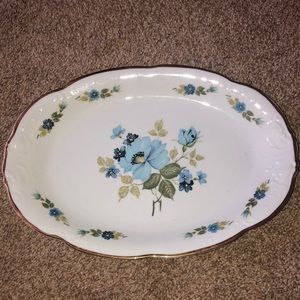 Vintage W Wawel Made in Poland Blue Morning Flower Green Leaves Gold Rim Platter